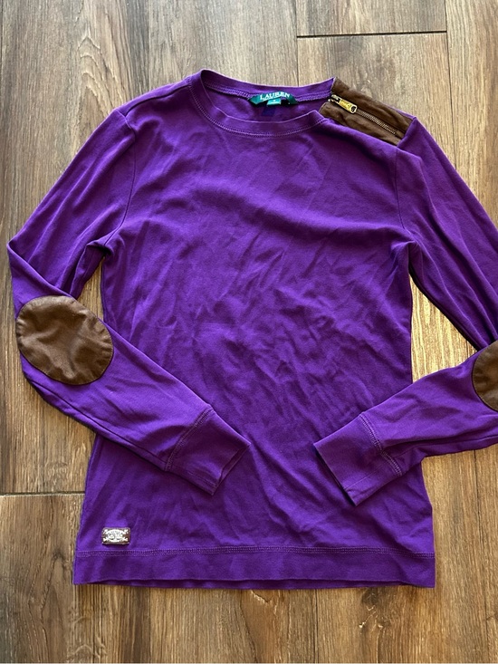 Ralph Lauren Tops - Ralph Lauren Purple Long Sleeve Shoulder Zip Elbow Patch Shirt Size Small